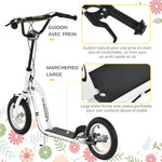 Trottinette enfants, grandes roues pneumatiques 12 pouce en caoutchouc, charge 100 kg, trottinette tout terrain avec double freins, hauteur réglable et béquille latérale, 5 à 12 ans, blanc