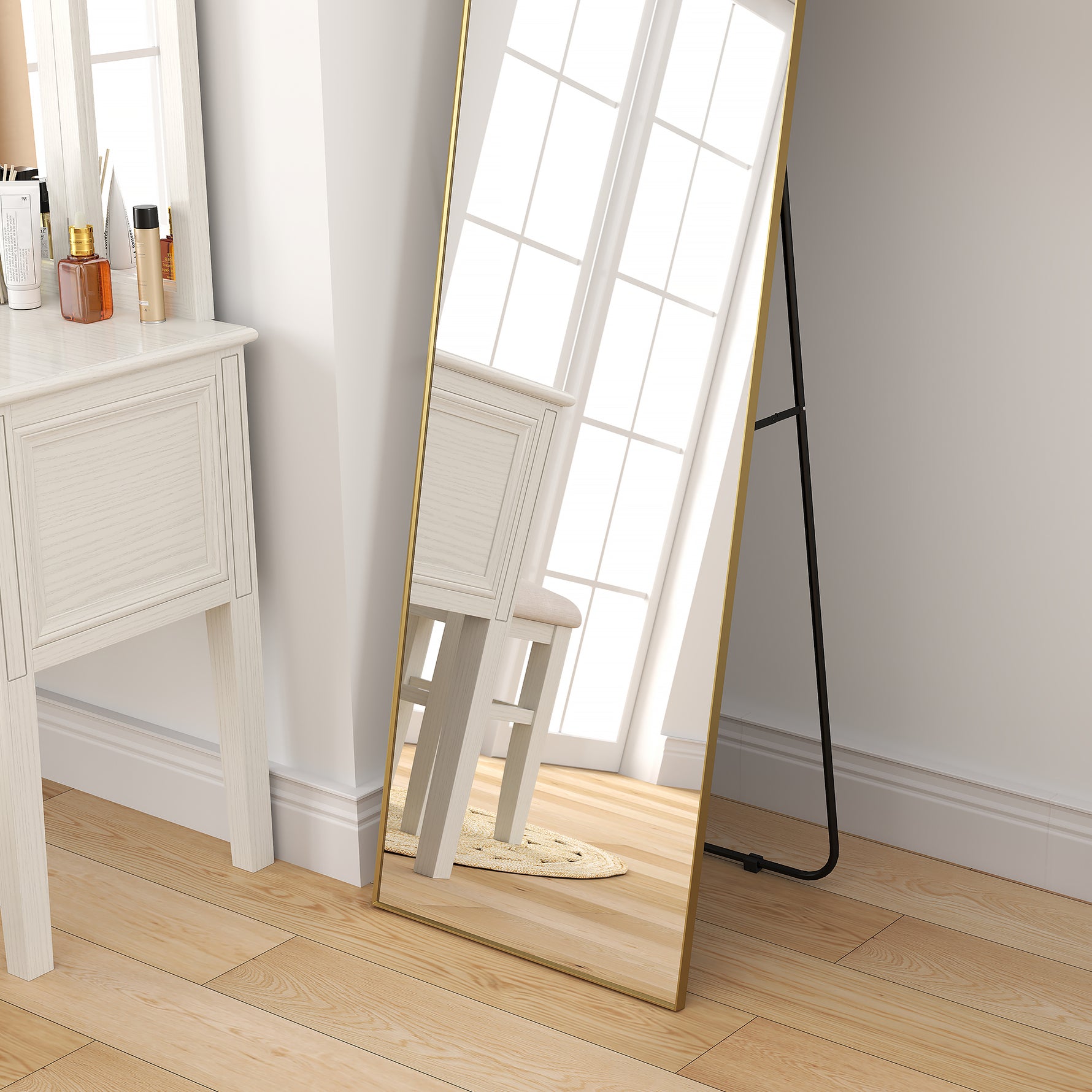 Grand miroir pleine longueur rectangulaire, 50 x 160 cm, miroir sur pied, mural ou pocé contre mur, doré