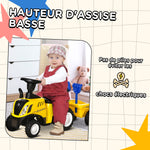 Porteur tracteur enfants avec coffre amovible, râteau et pelle, voiture enfants avec lumière LED et klaxon, jaune