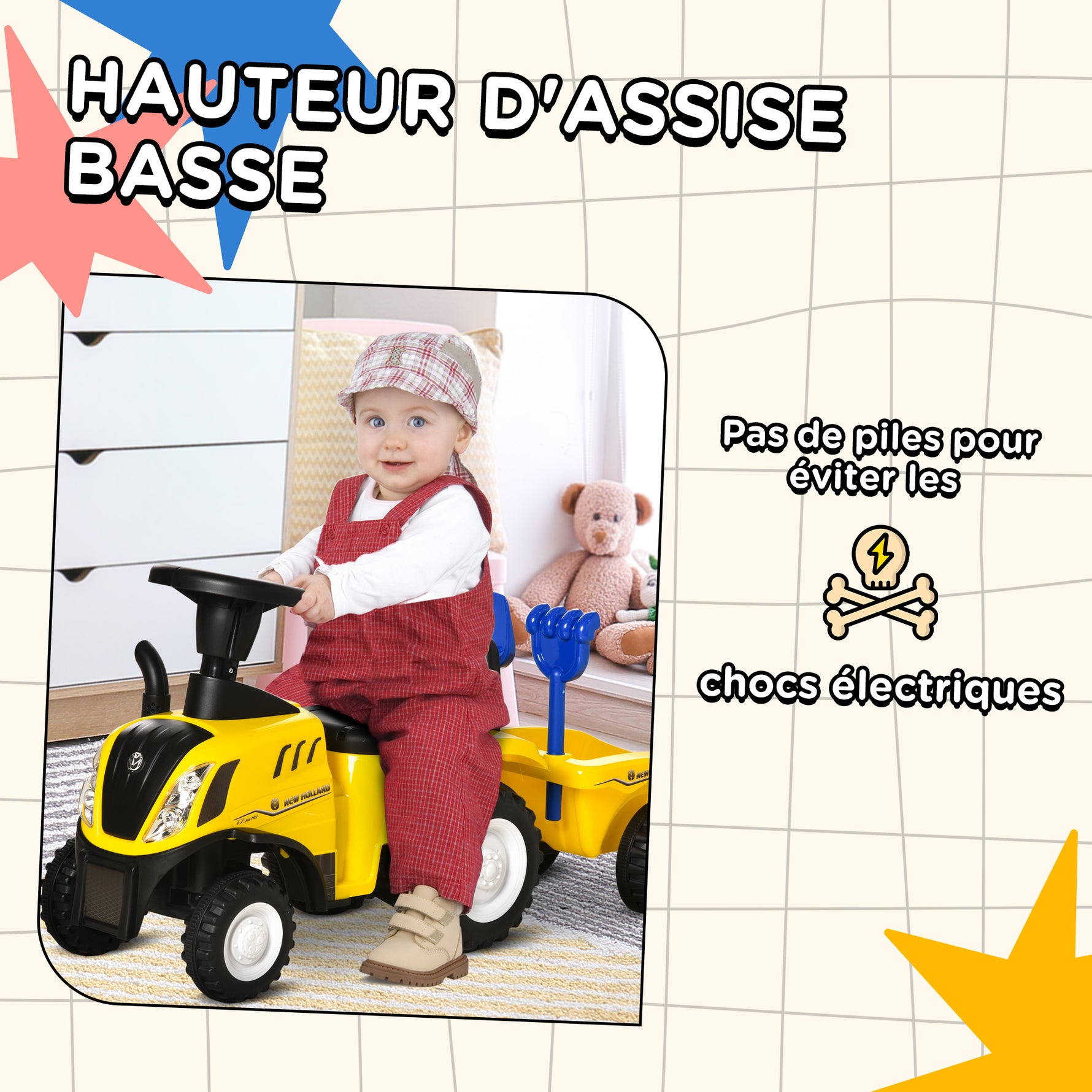 Porteur tracteur enfants avec coffre amovible, râteau et pelle, voiture enfants avec lumière LED et klaxon, jaune