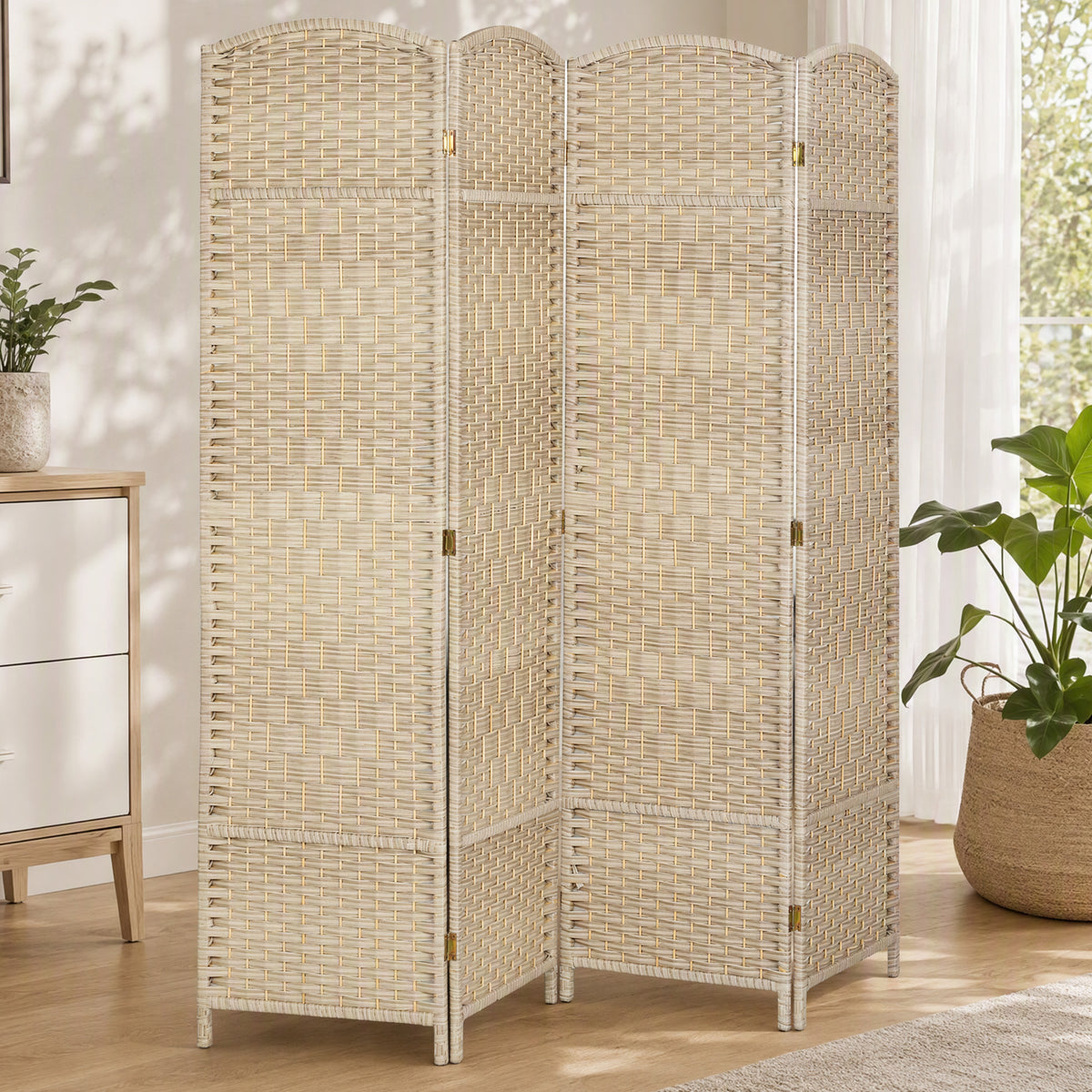 Biombo interior de madera de 4 paneles, separador de ambientes plegable para salón y dormitorio, 180 x 180 cm, roble