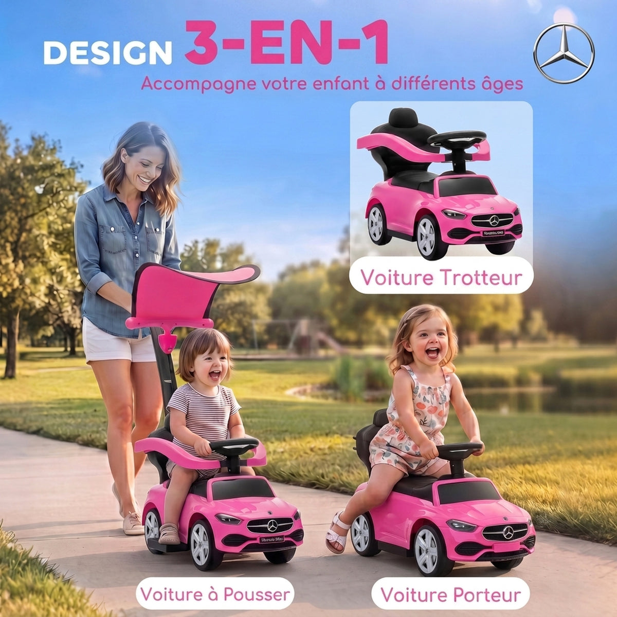 Porteur Enfants 3 en 1 Mercedes-Benz sous Licence, Garde-Corps, Espace de Rangement, Klaxon, 83x40x90cm, Rose
