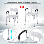 Chaise de Douche siège de Douche Ergonomique Hauteur réglable Pieds antidérapants Dossier accoudoirs Amovibles Charge Max. 136 Kg alu HDPE Blanc