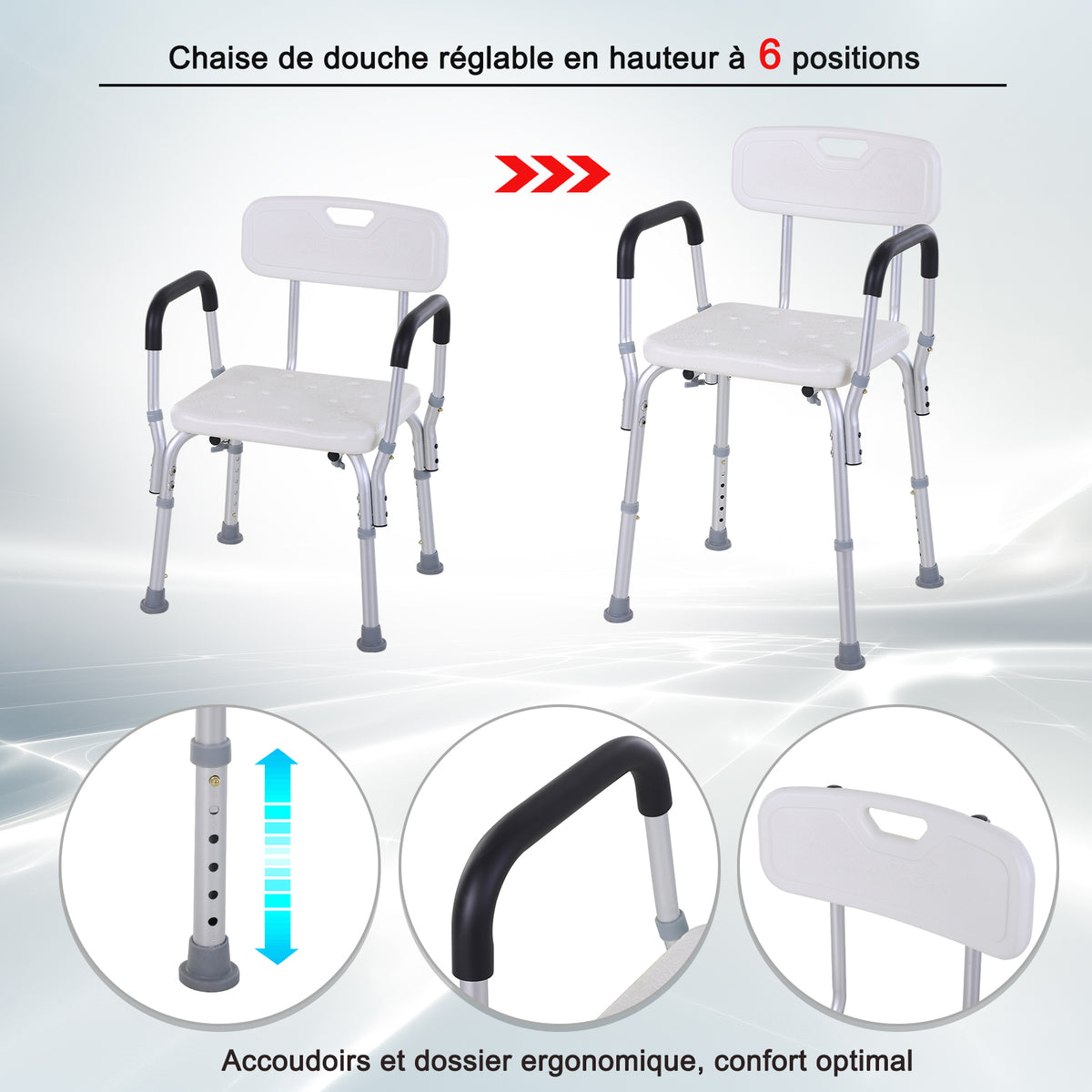 Chaise de Douche siège de Douche Ergonomique Hauteur réglable Pieds antidérapants Dossier accoudoirs Amovibles Charge Max. 136 Kg alu HDPE Blanc