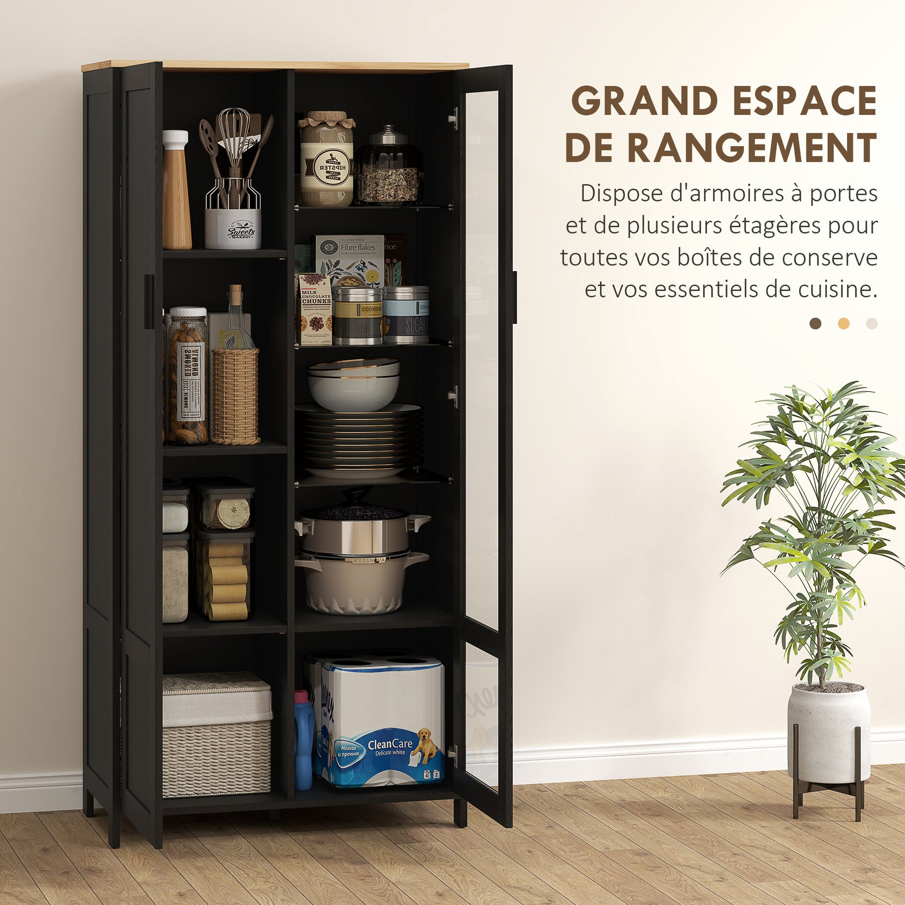 Buffet de cuisine armoire de cuisine meuble vitrine avec étagères réglables et 9 compartiments 76 x 36 x 160 cm noir