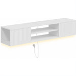 Mobile TV sospeso galleggiante 140cm con illuminazione LED e prese, 2 ante scanalate e ripiano regolabile, bianco