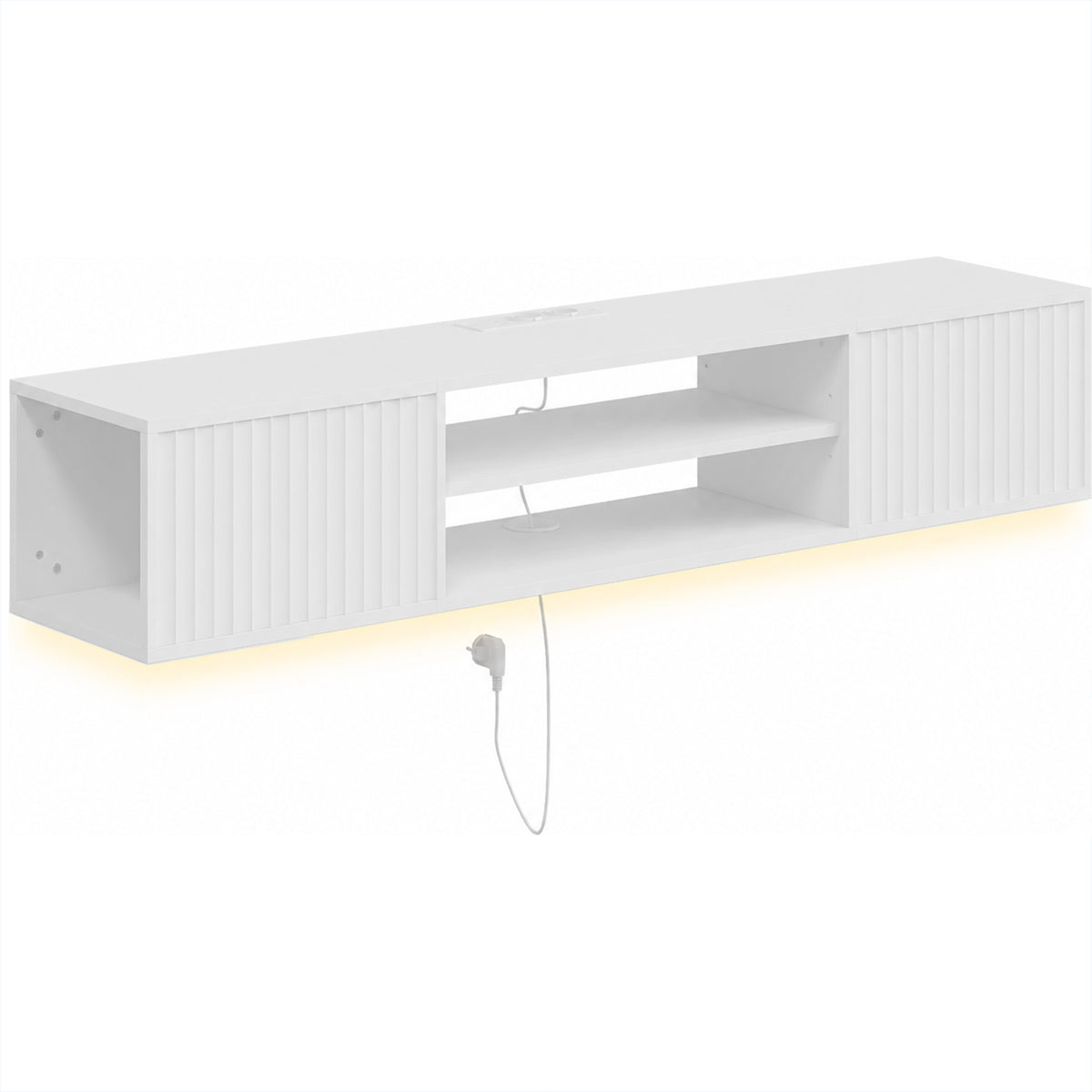Mobile TV sospeso galleggiante 140cm con illuminazione LED e prese, 2 ante scanalate e ripiano regolabile, bianco