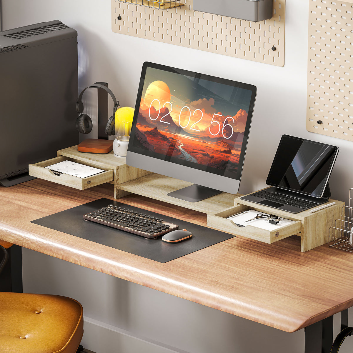 Rehausseur écran PC bureau support d'écran d'ordinateur de 60-116 cm avec 2 tiroirs, longueur et angle réglables