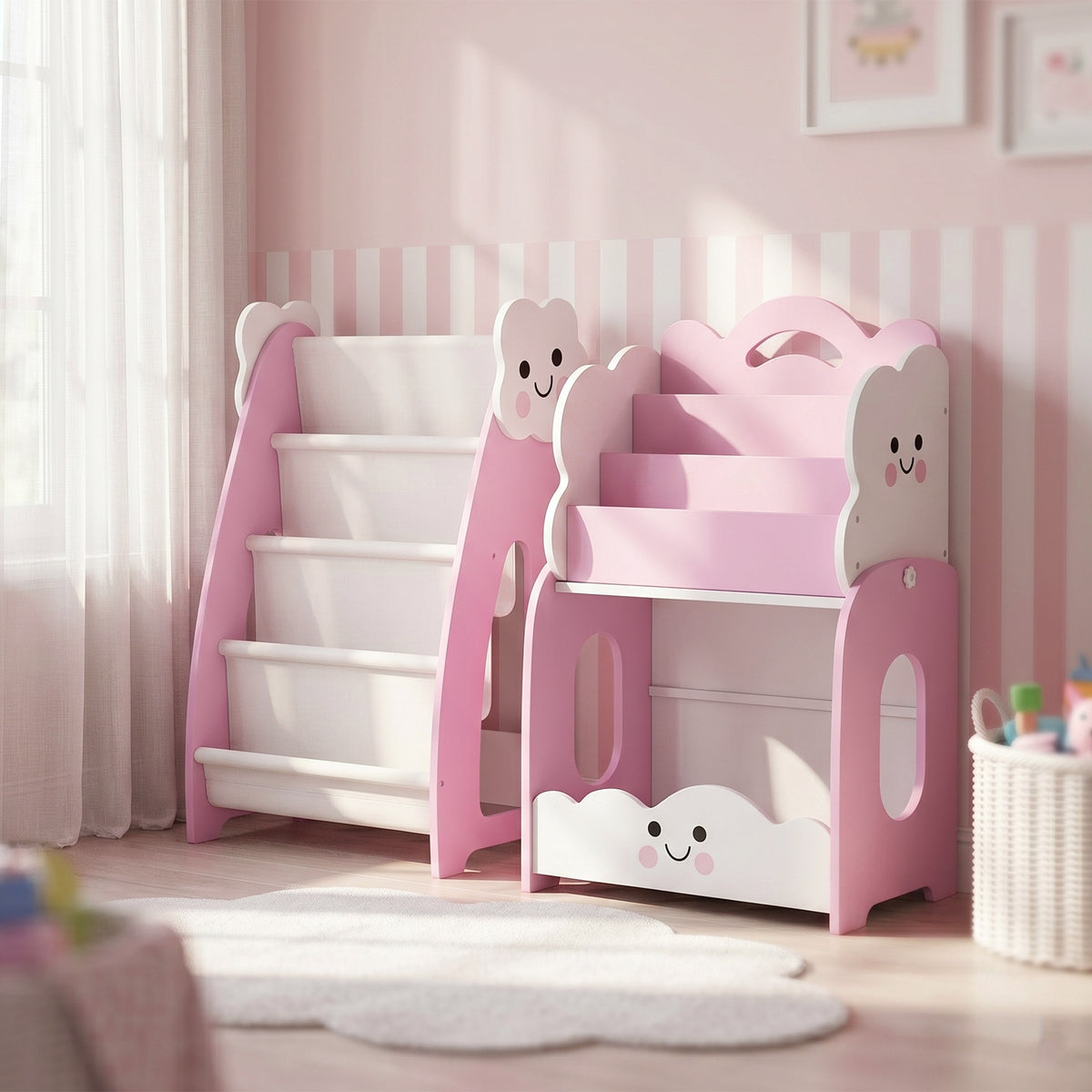Meuble rangement enfant 3 à 8 ans, rangement jouets enfant modulaire avec porte-magazines à 4 étagères, rose
