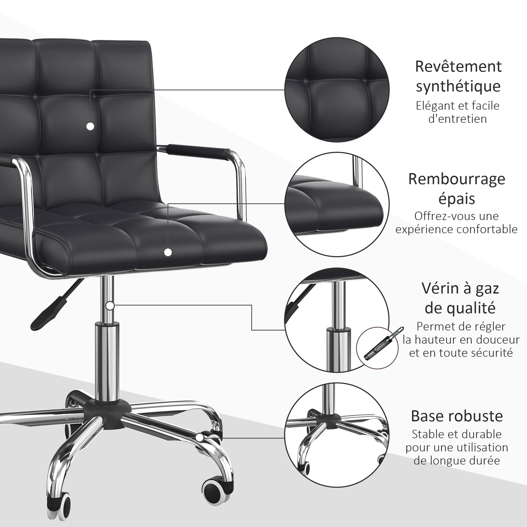 Lot de 2 chaises de bureau fauteuil manager pivotant hauteur réglable revêtement synthétique capitonné noir