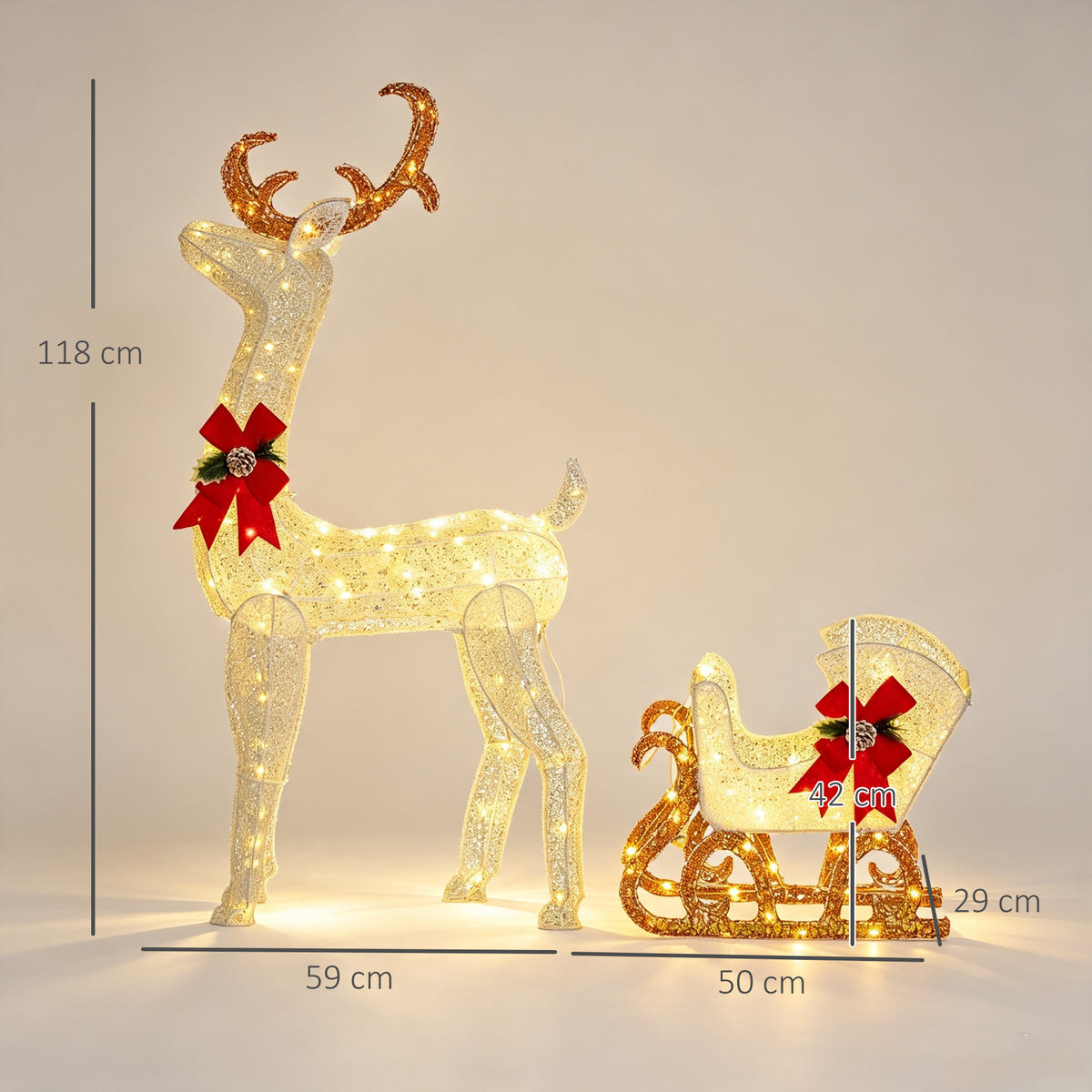 Renne et traîneau lumineux de Noël avec 170 LED blanc chaud, décoration de Noël pour intérieur et extérieur, 50x29x42cm