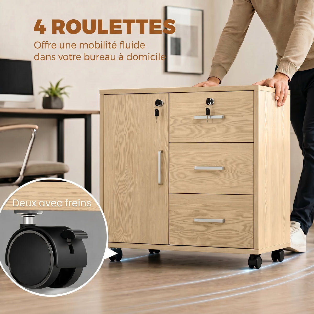 Caisson bureau meuble de rangement verrouillable avec 3 tiroirs et étagère réglable, roulettes, 40 x 60 x 56 cm, marron clair