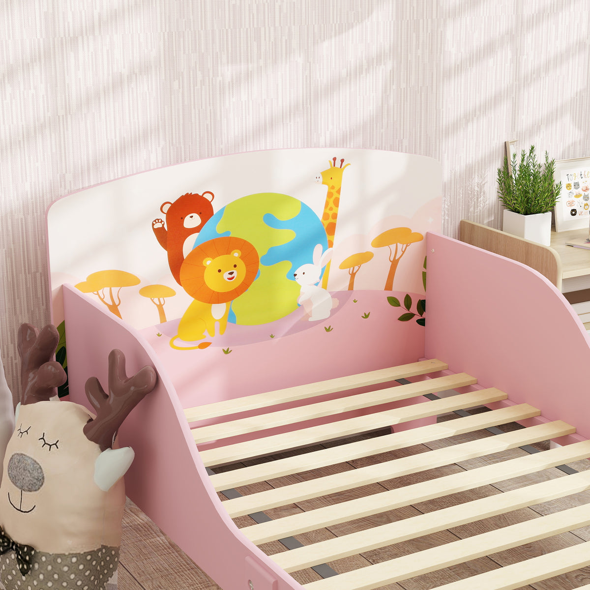 Lit Enfant 70x140 cm motif animal 140 x 70 cm avec sommier à lattes en bois design bas sécurisé rose