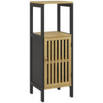 Meuble bas de salle de bain en bambou avec placard 1 porte niche ouverte 32 x 30 x 90,5 cm, noir et bois