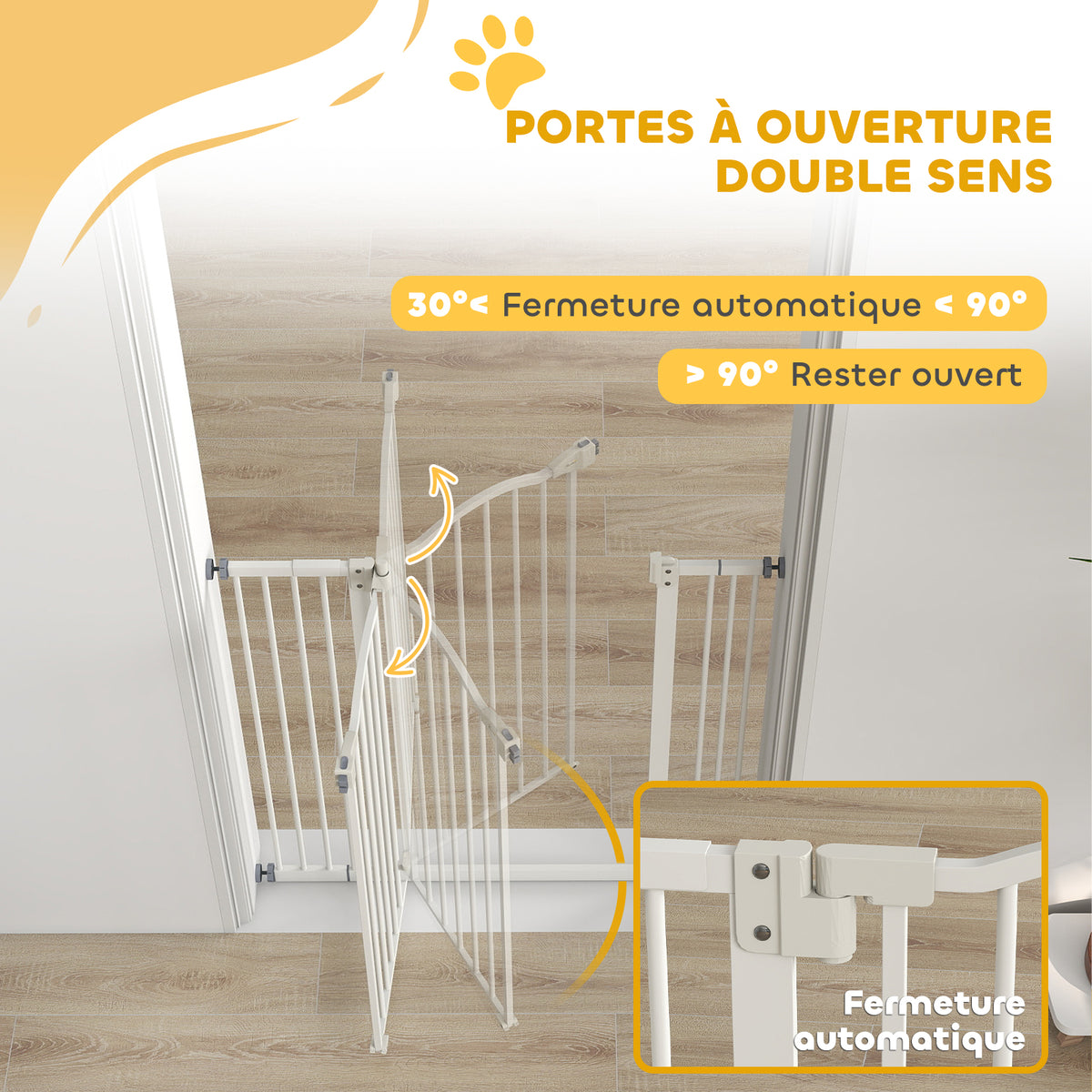 Barrera de seguridad para perros extensible 74-100 cm cierre automático fijación a presión sin taladrar blanco