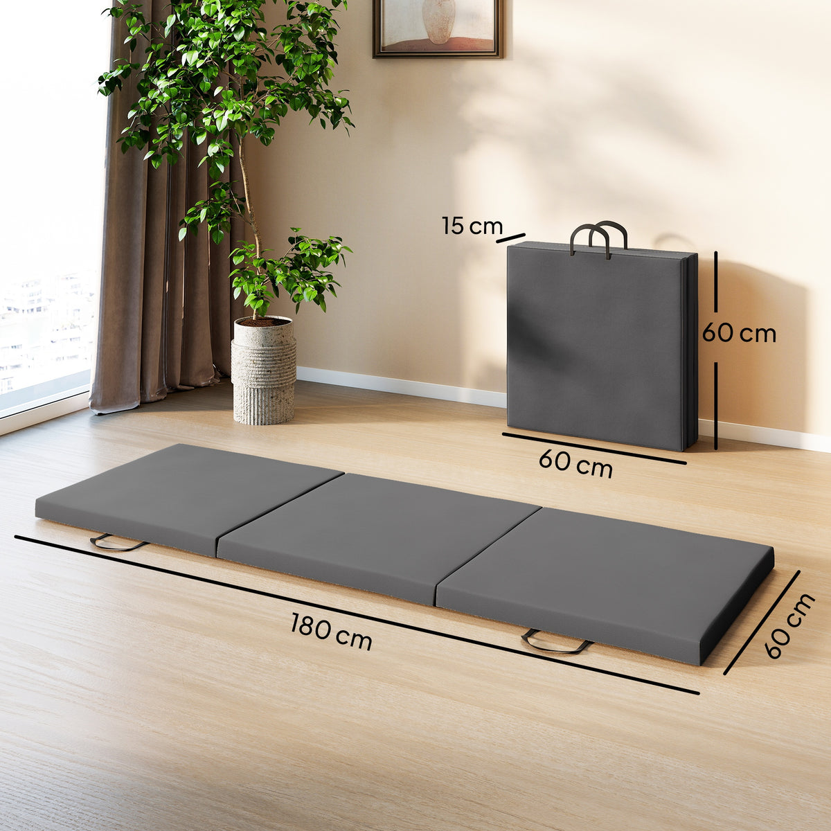 Tapis de gymnastique yoga pilates fitness pliable en 3 panneaux avec poignées revêtement synthétique 180 x 60 x 5cm gris