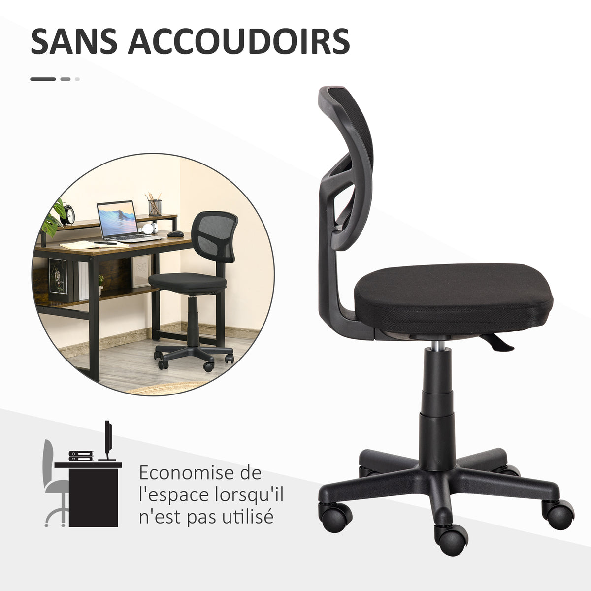 Chaise de bureau sans accoudoirs, fauteuil de bureau en maille, hauteur réglable, assise rembourré, pivotant 360°, noir