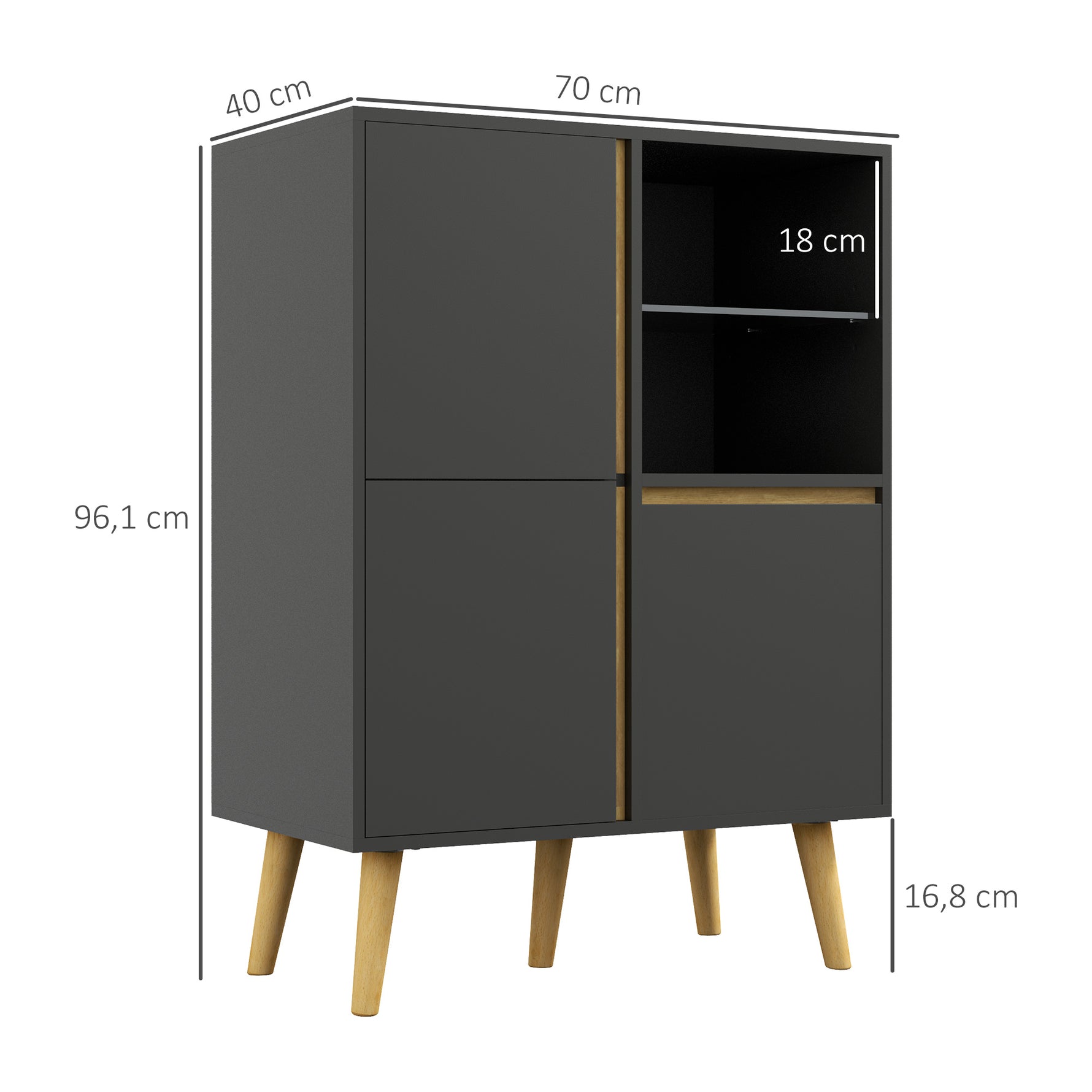 Meuble de rangement design modene avec étagères réglables et pieds en bois massif 70 x 40 x 96,1 cm gris foncé