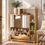 Scarpiera 10 Paia, Armadio per Scarpe, Ante a Specchio, 2 Cassetti e Scomparti Aperti, Rovere