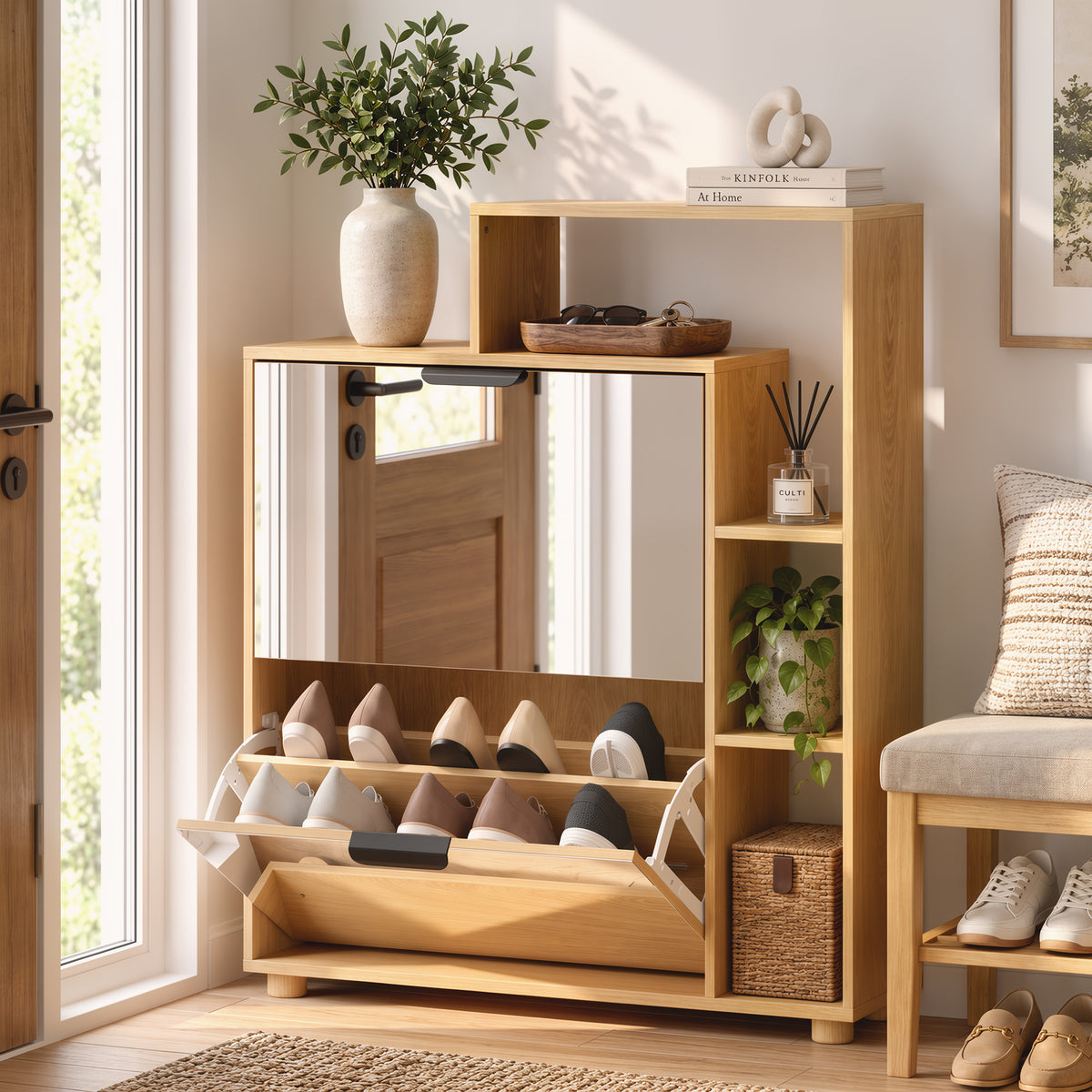 Scarpiera 10 Paia, Armadio per Scarpe, Ante a Specchio, 2 Cassetti e Scomparti Aperti, Rovere