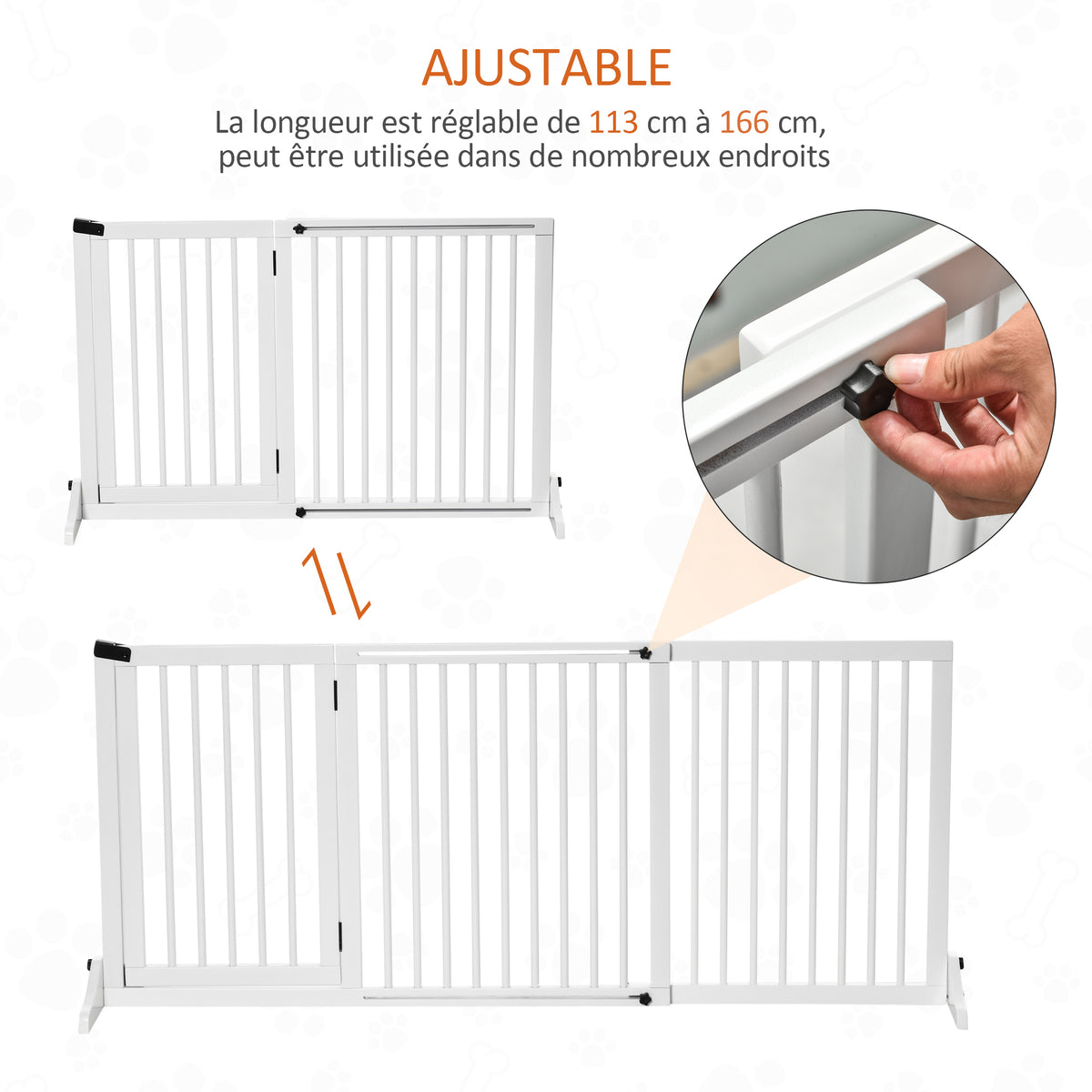 Dog safety gate, freestanding gate, adjustable length, built-in lockable door, dim. 113-166L x 36W x 71H cm, white pine