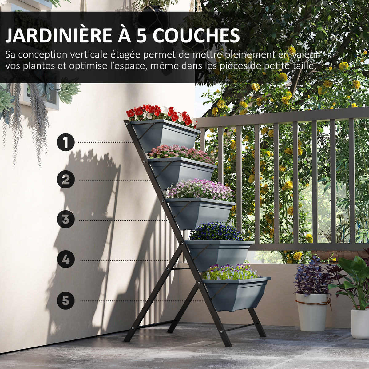 Jardinière surélevée avec étages jardinière verticale avec 5 bacs à fleurs trous de drainage cadre en acier gris