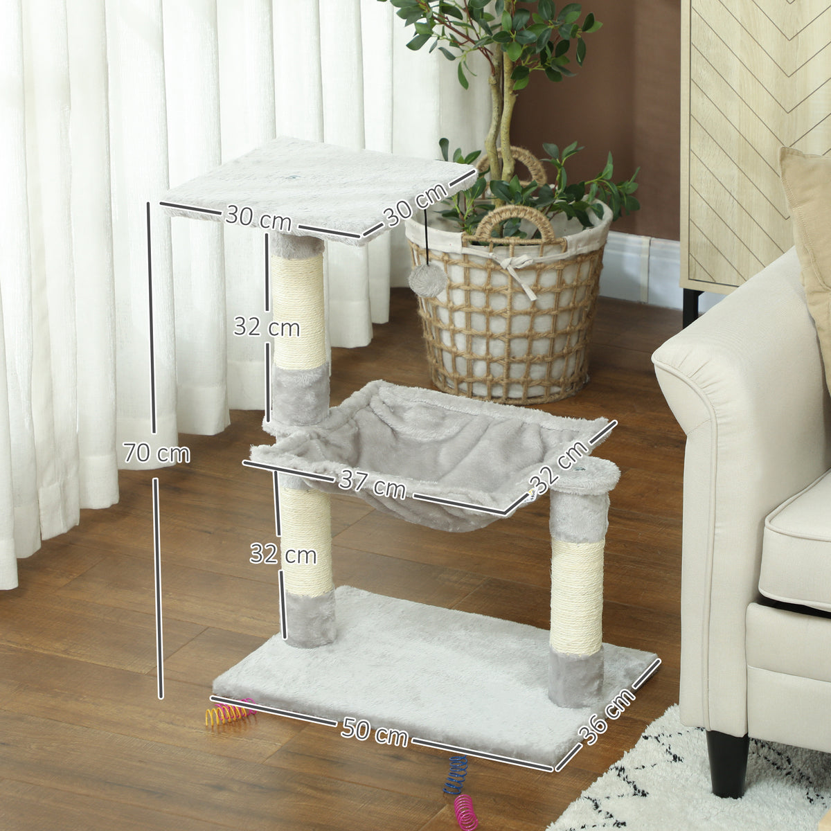 Krabpaal 3 krabpalen natuurlijk sisal platform hangmat en hangbal 50 x 26 x 70 cm korte pluche grijs