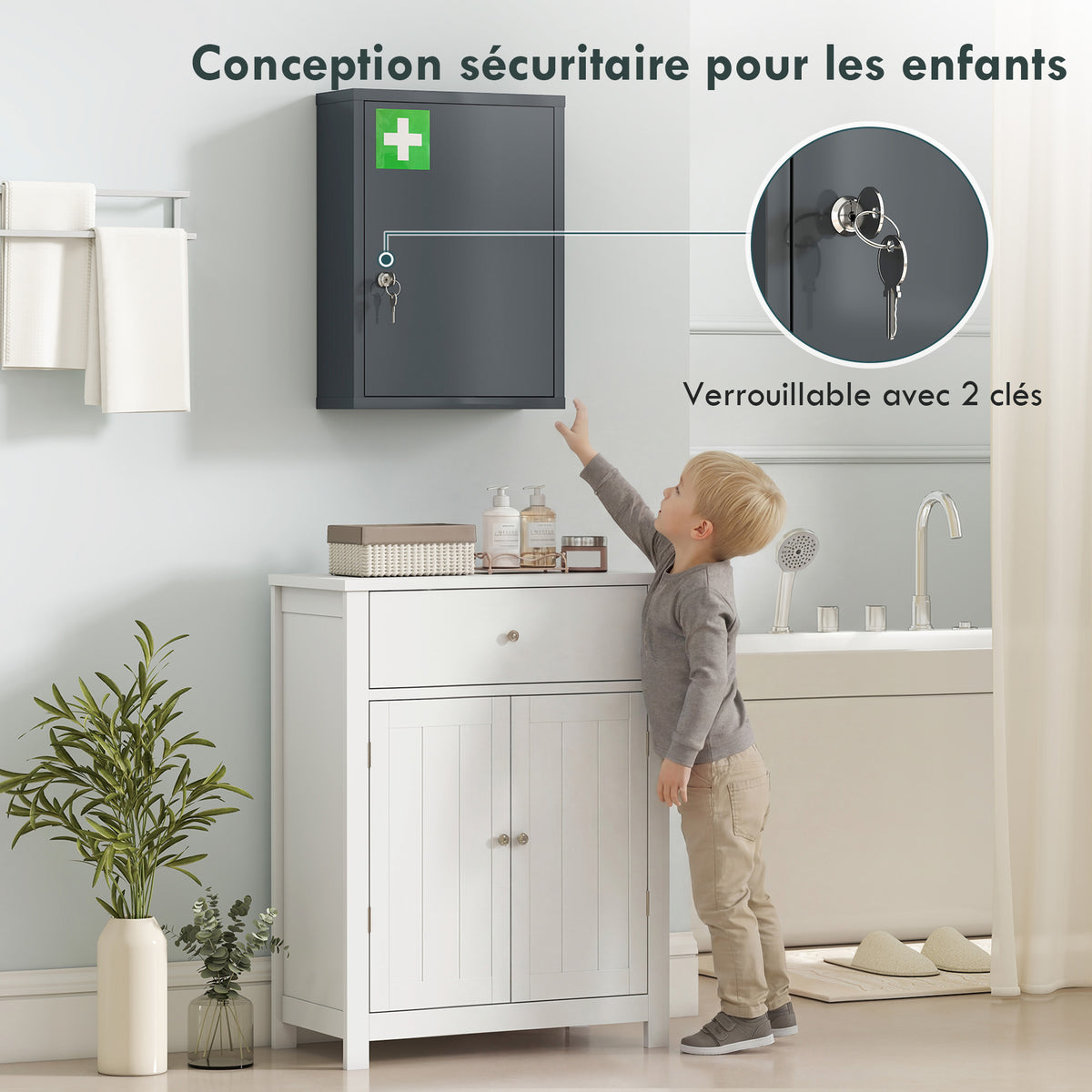 Armario botiquín de pared de acero, armario para medicamentos de 3 niveles con puerta con cerradura y 2 llaves, 40x15x53,5 cm, gris
