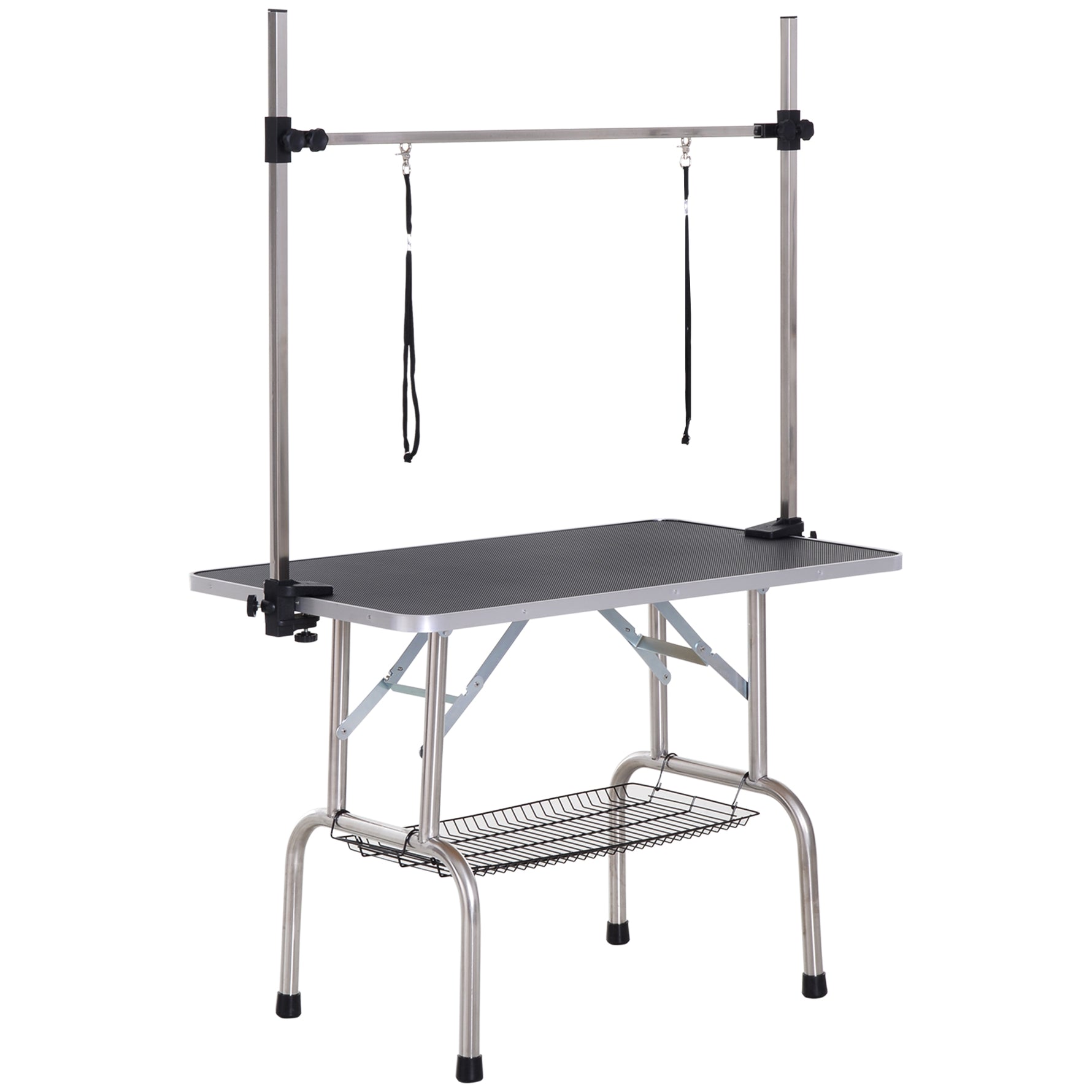 Table de toilettage pour chien pliante potence H-forme inox réglable 2 sangles panier 107 x 60 x 164 cm noir