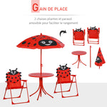 Ensemble Salon de Jardin Enfant 4 pcs Design Coccinelle - Table Ronde + 2 chaises Pliables + Parasol - métal époxy Oxford Rouge