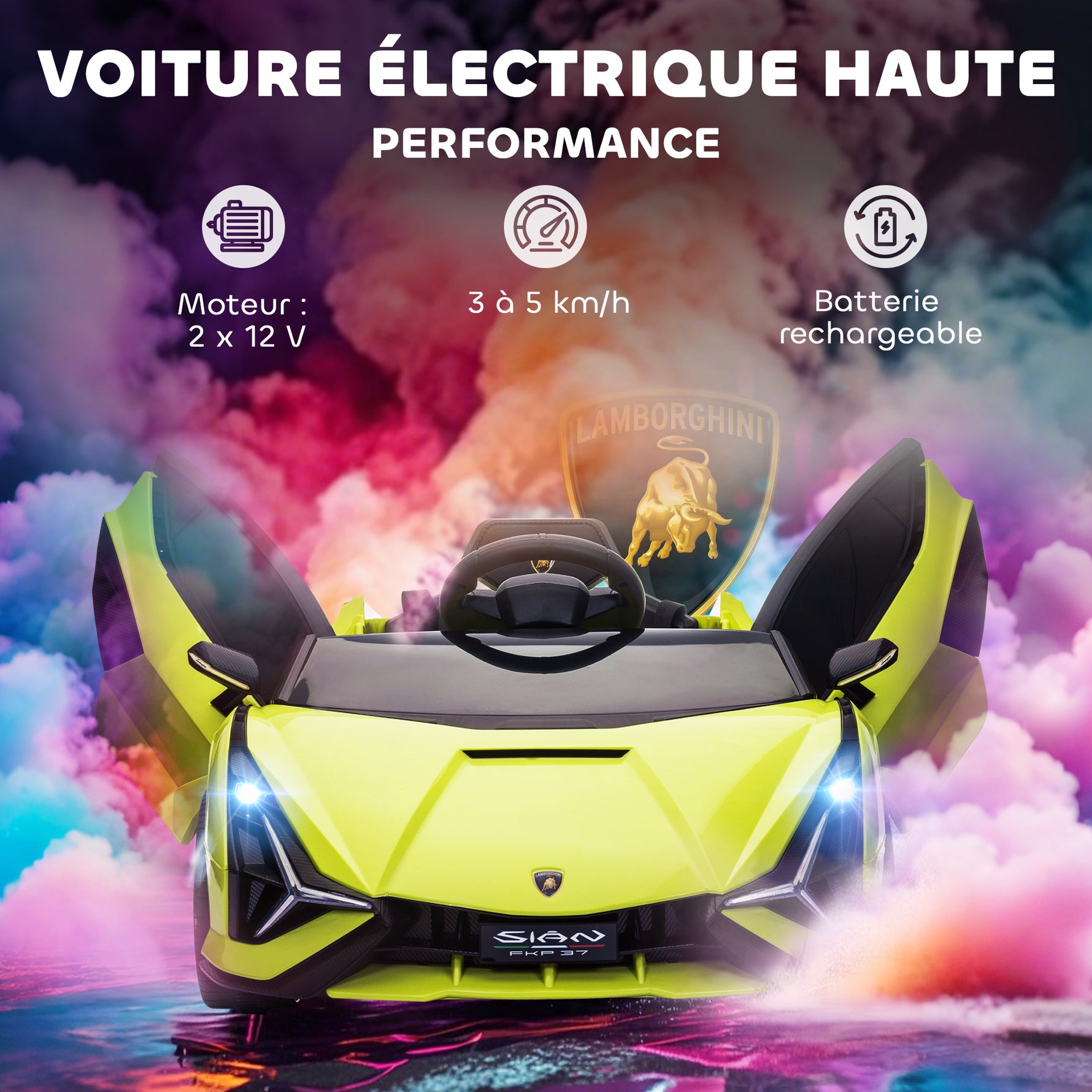 Voiture électrique Enfants de Sport Véhicule électrique Lamborghini Sian 12 V - V. Max. 5 Km/h avec Télécommande 2,4G Effets sonores + Lumineux Vert