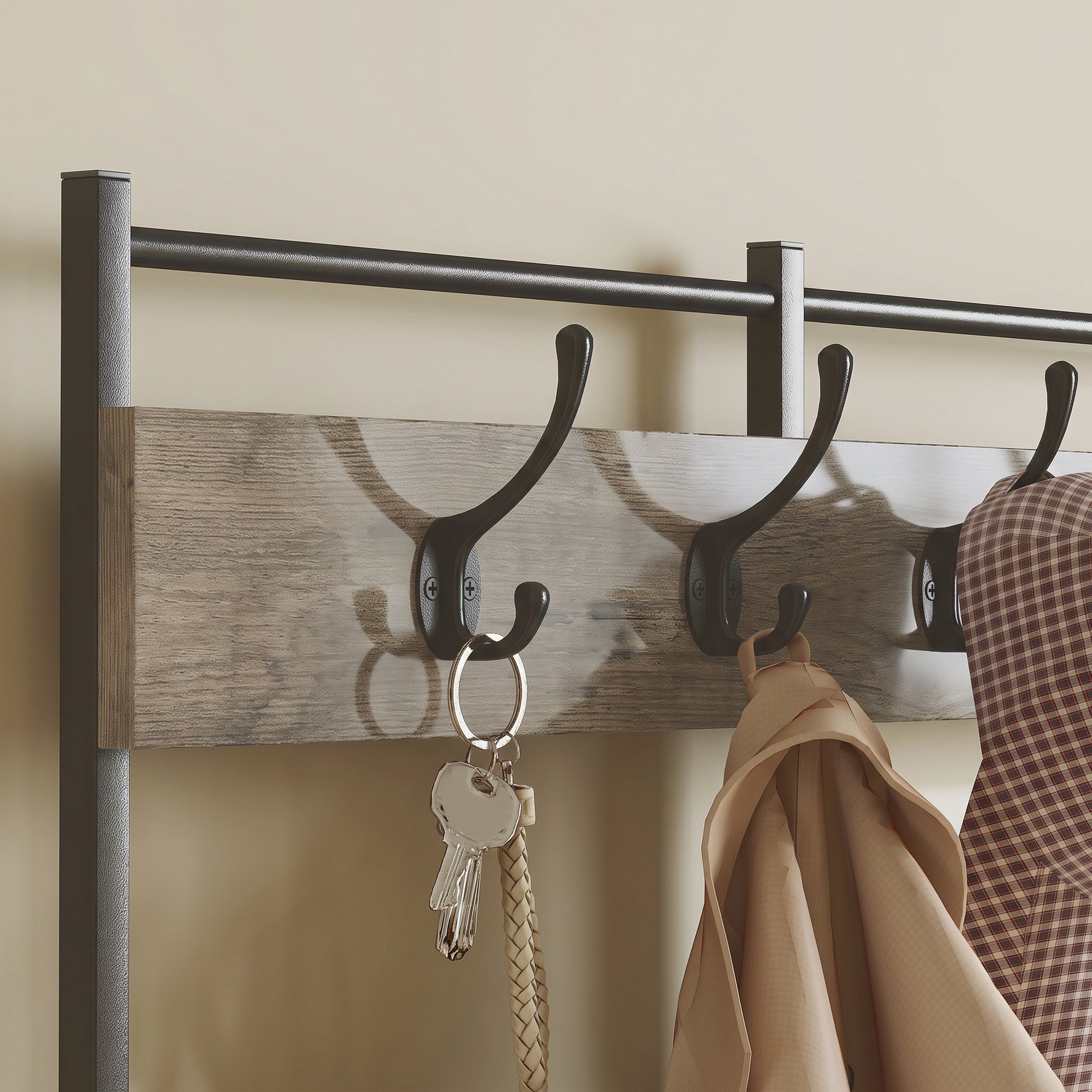 Perchero 4 en 1, Mueble de Entrada con 7 Cajones Plegables de Tela, 14 Ganchos y Panel de Rejilla, Efecto Madera Gris