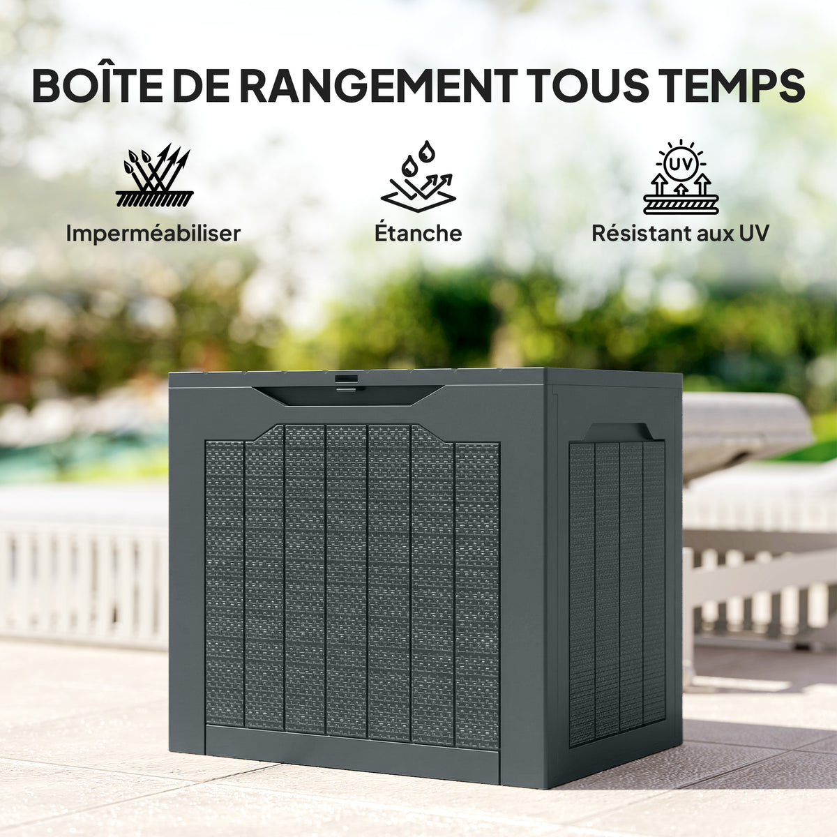 Coffre de rangement extérieur 97L avec poignées encastrées, malle de rangement extérieur étanche 56x41x50cm, gris foncé
