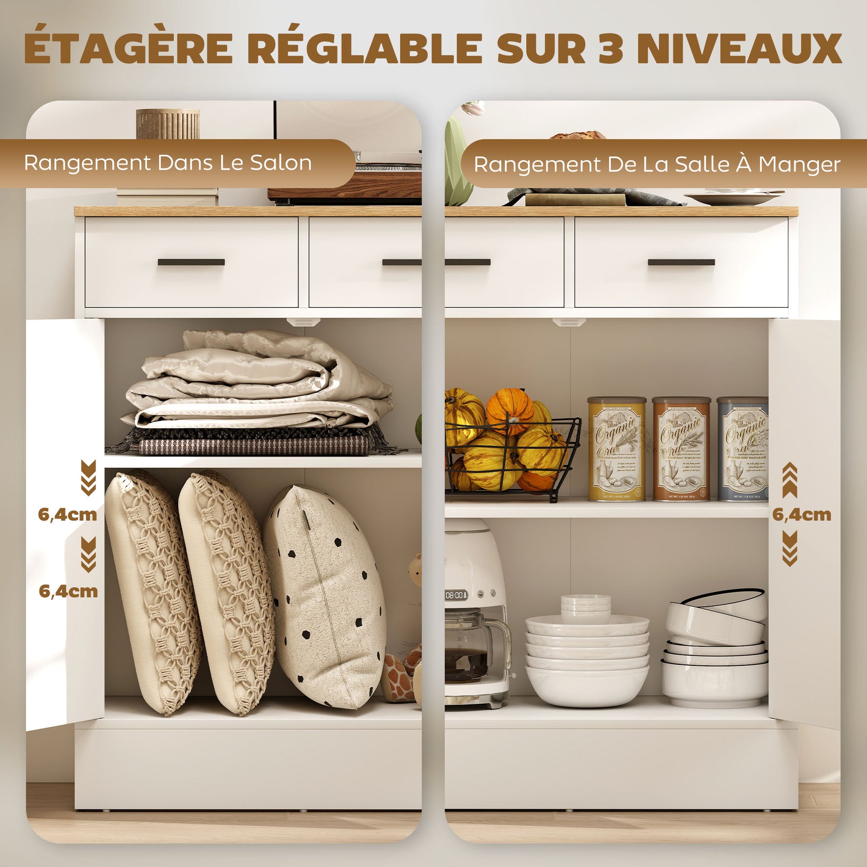 Buffet, meuble de rangement avec 2 portes, 2 tiroirs et étagère réglable, 68,6 x 35 x 90,3 cm, bois naturel et blanc