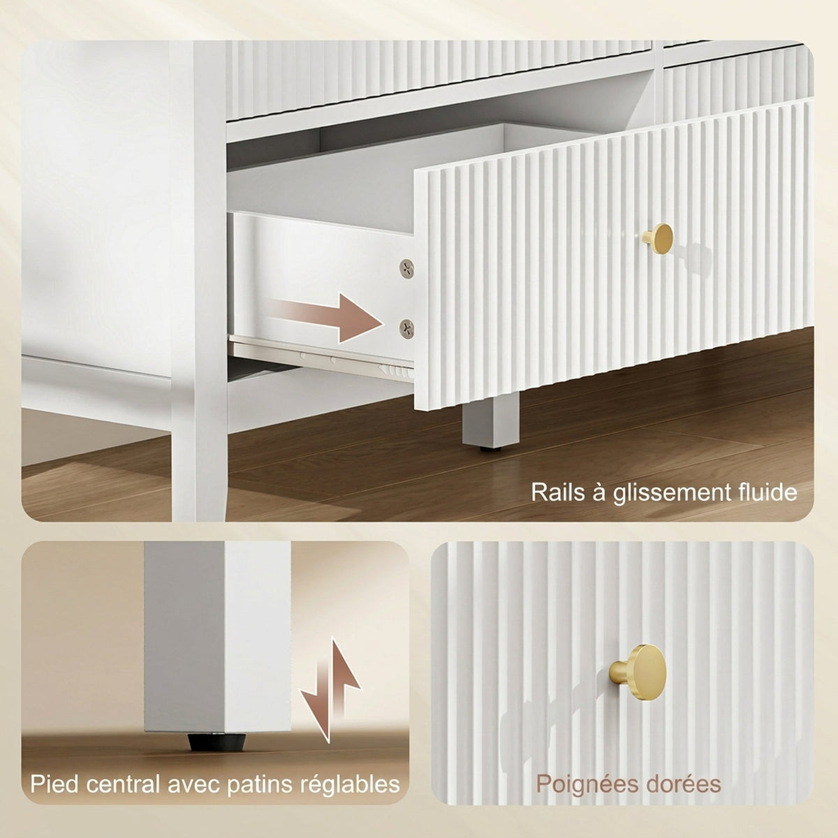Kommode mit 6 Schubladen, Aufbewahrungsmöbel, Schubladenschrank mit gerillten Fronten, 100 x 40 x 78 cm, Weiß