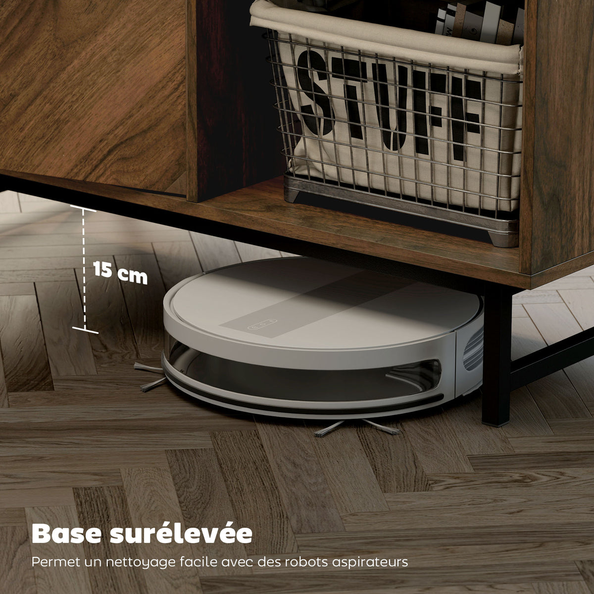 Table basse, table de salon, plateau effet marbre, 2 portes et 2 niches ouvertes, 100 x 50,8 x 45,7 cm, noyer