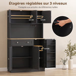 Buffet haut cuisine, armoire de cuisine, station de charge, 6 portes, plan de travail, porte-épices, 100x40x173cm, noir
