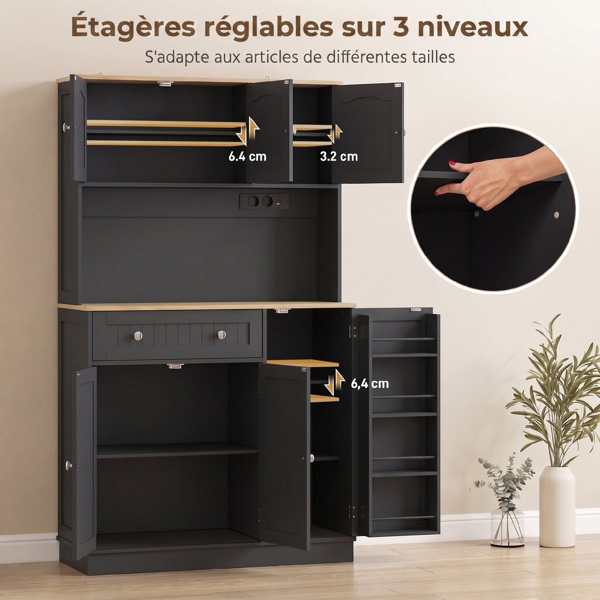 Buffet haut cuisine, armoire de cuisine, station de charge, 6 portes, plan de travail, porte-épices, 100x40x173cm, noir