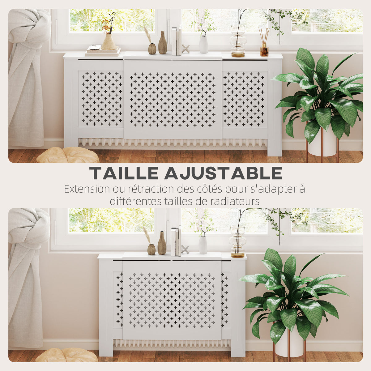 Verstelbare radiatorombouw modern design, uitschuifbare lengte 136-200 x 21,5 x 91,7 cm, wit