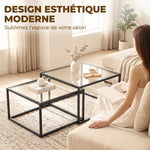 Lot de 2 tables basses gigognes, table de salon avec plateau en verre trempé et structure en métal, noir