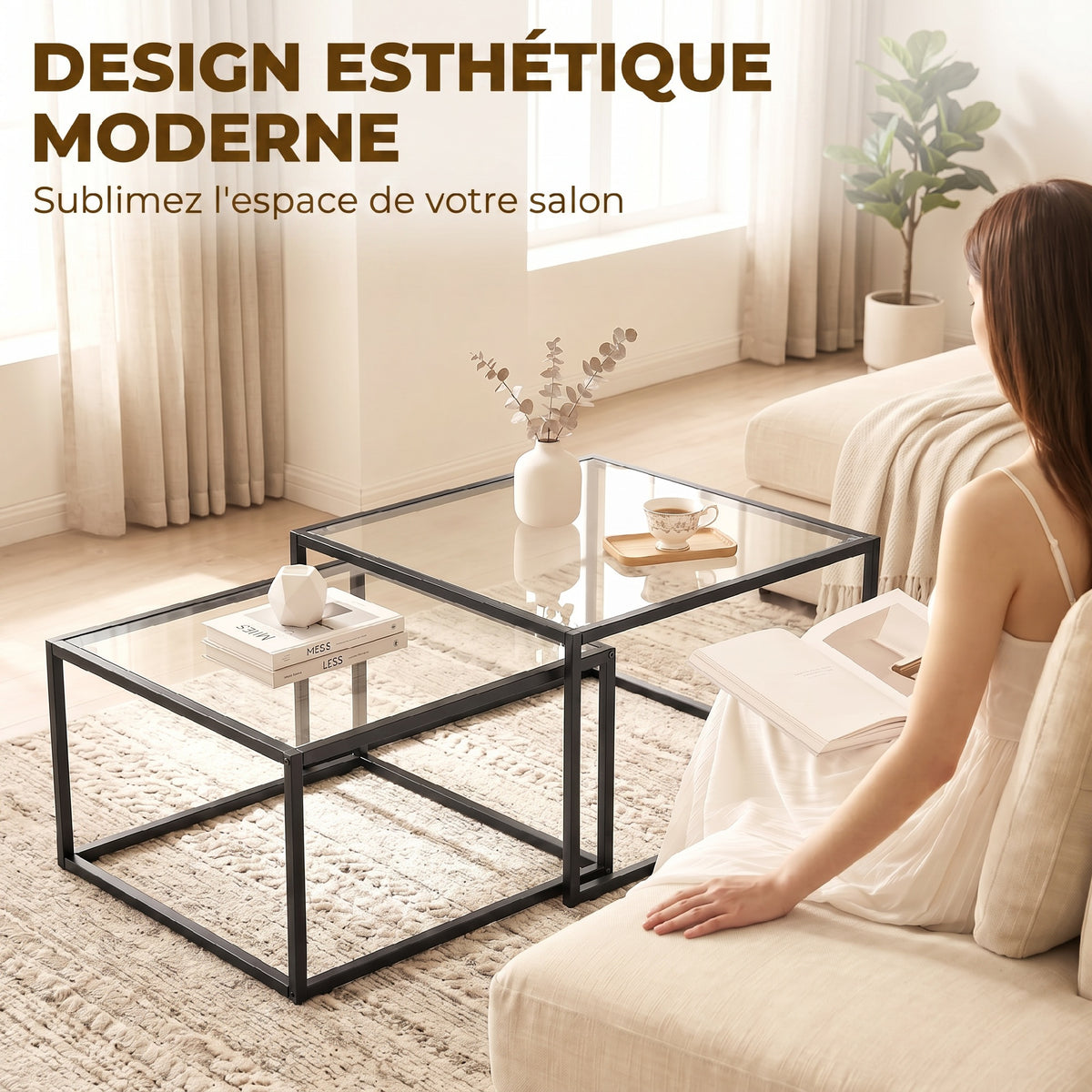 Lot de 2 tables basses gigognes, table de salon avec plateau en verre trempé et structure en métal, noir