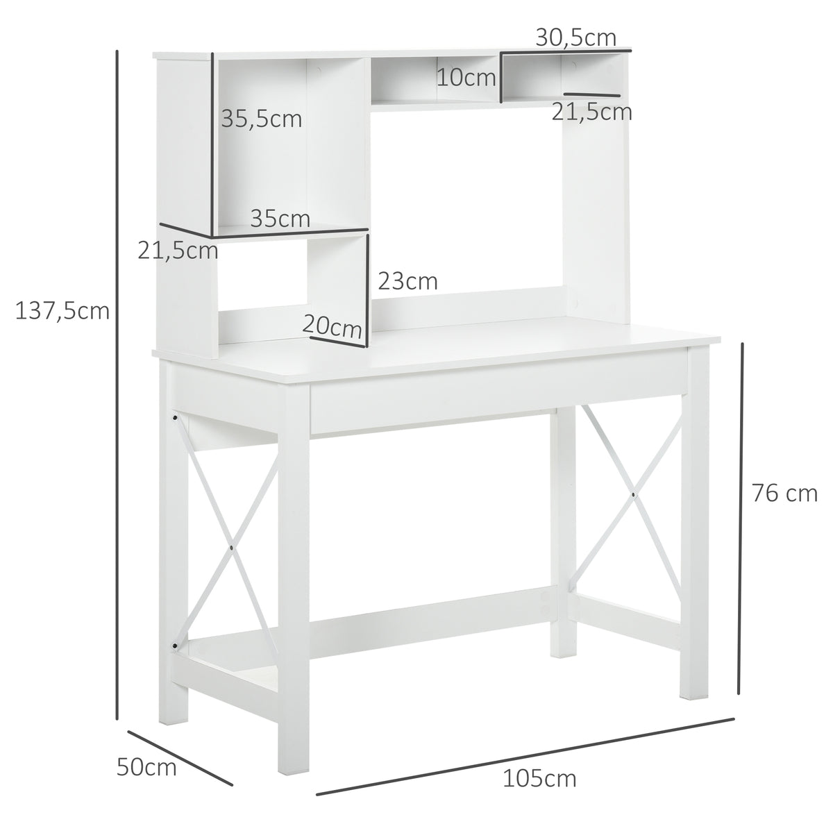 Bureau avec rangement bibliothèque en bois moderne avec étagères et grand plateau pour petits espaces maison chambre à coucher, 105 x 50 x 137,5 cm, blanc