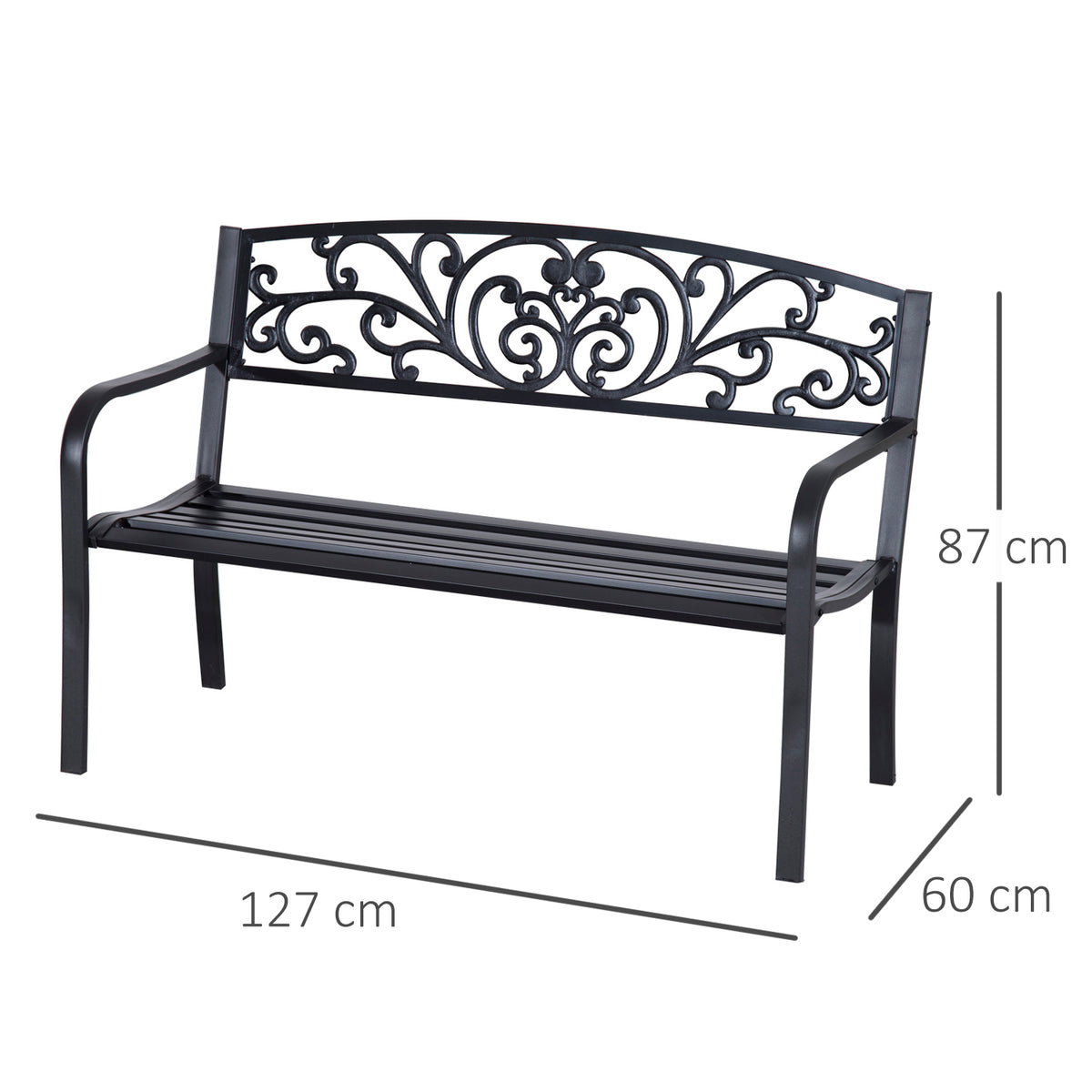 Banc de Jardin terrasse en Acier Fonte Noir 2 Places 127 x 60 x 87 cm Charge Max 240 Kg