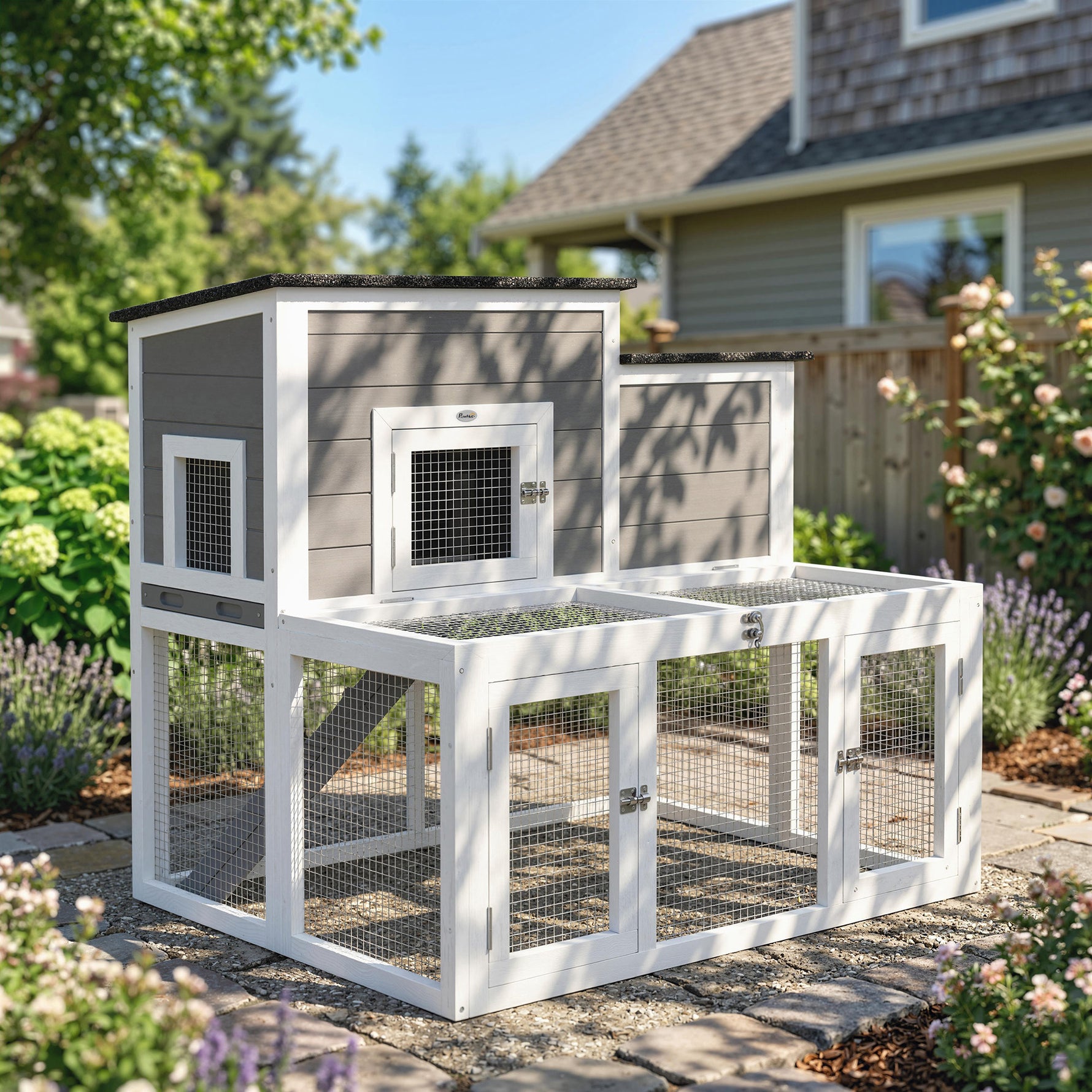 Clapier Lapin Extérieur en Bois Cage à Lapin Intérieur Double Toit Ouvrant Imperméable 2 Niveaux avec Enclos Gris