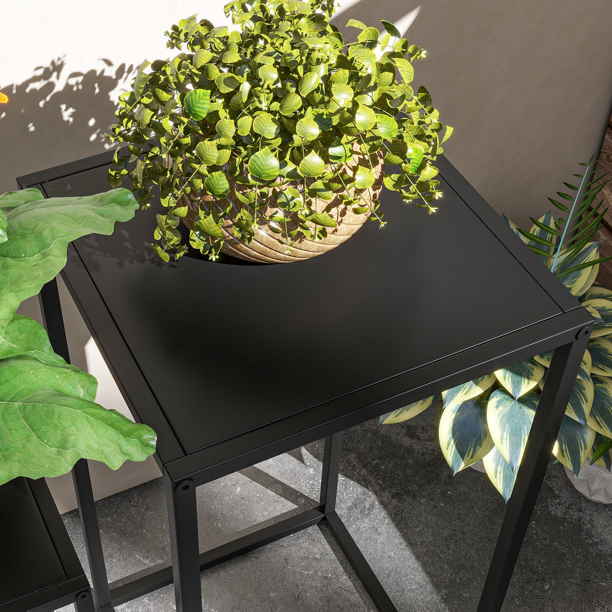 Lot de 2 supports pot de fleurs encastrables 2 hauteurs différentes 58,5 et 65 cm - acier noir