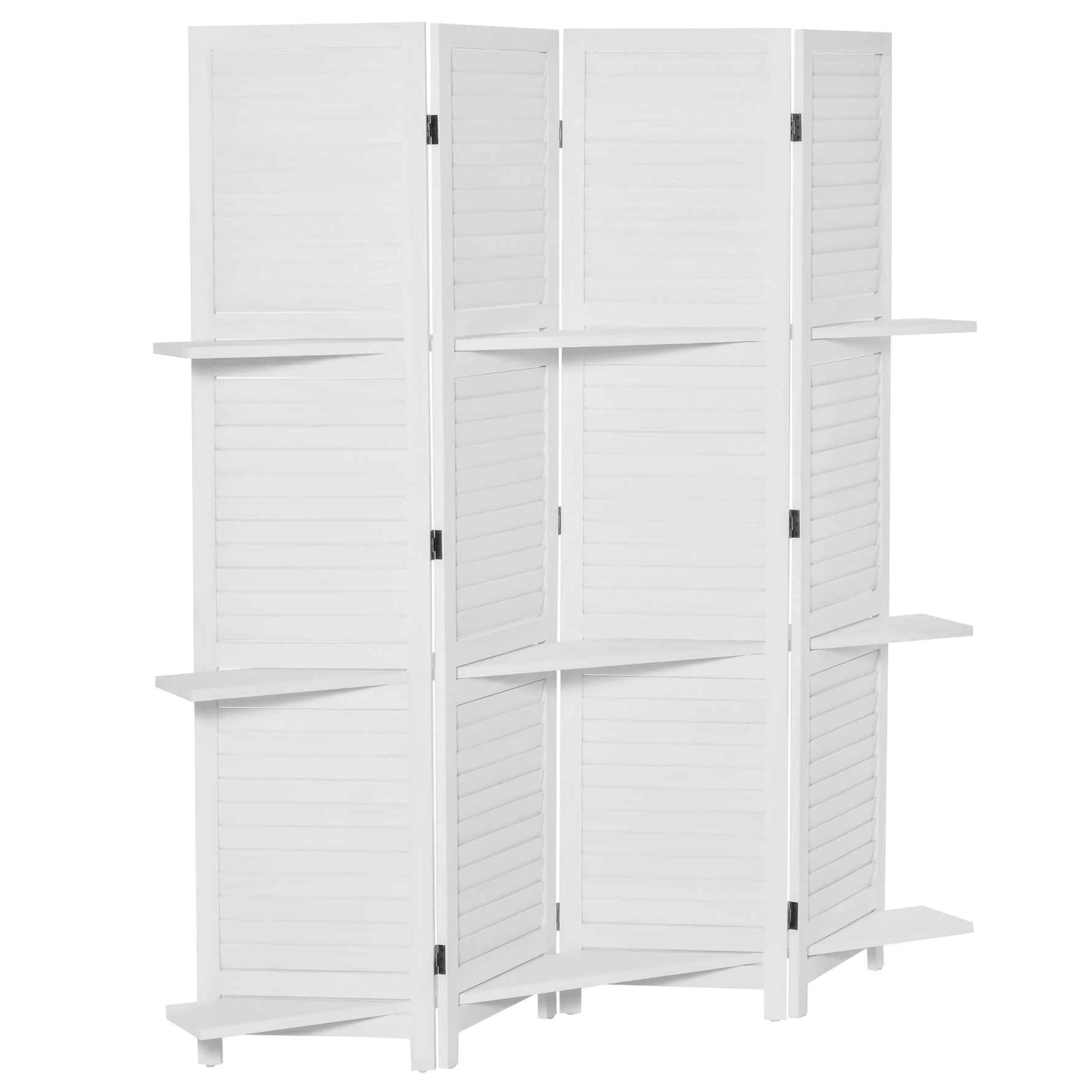 Paravent Intérieur en Bois 4 Panneaux 160 x 170 cm, Séparateur de Pièce Pliable avec 3 Étagères, Cloison de Séparation pour Salon, Chambre à Coucher, Maison, Blanc