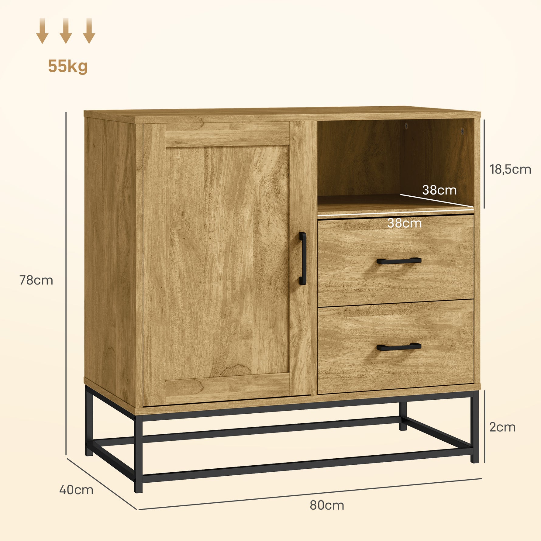 Buffet, meuble de rangement avec 2 tiroirs, compartiment ouvert et étagère réglable, 80l x 40P x 78H cm, naturel