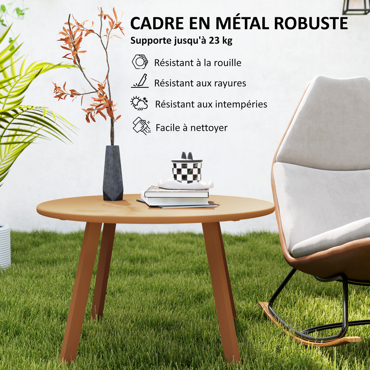 Petite table basse ronde, table d'appoint avec patins antidérapants, cadre en métal, pour jardin, Ø 70 x 42 cm, orange