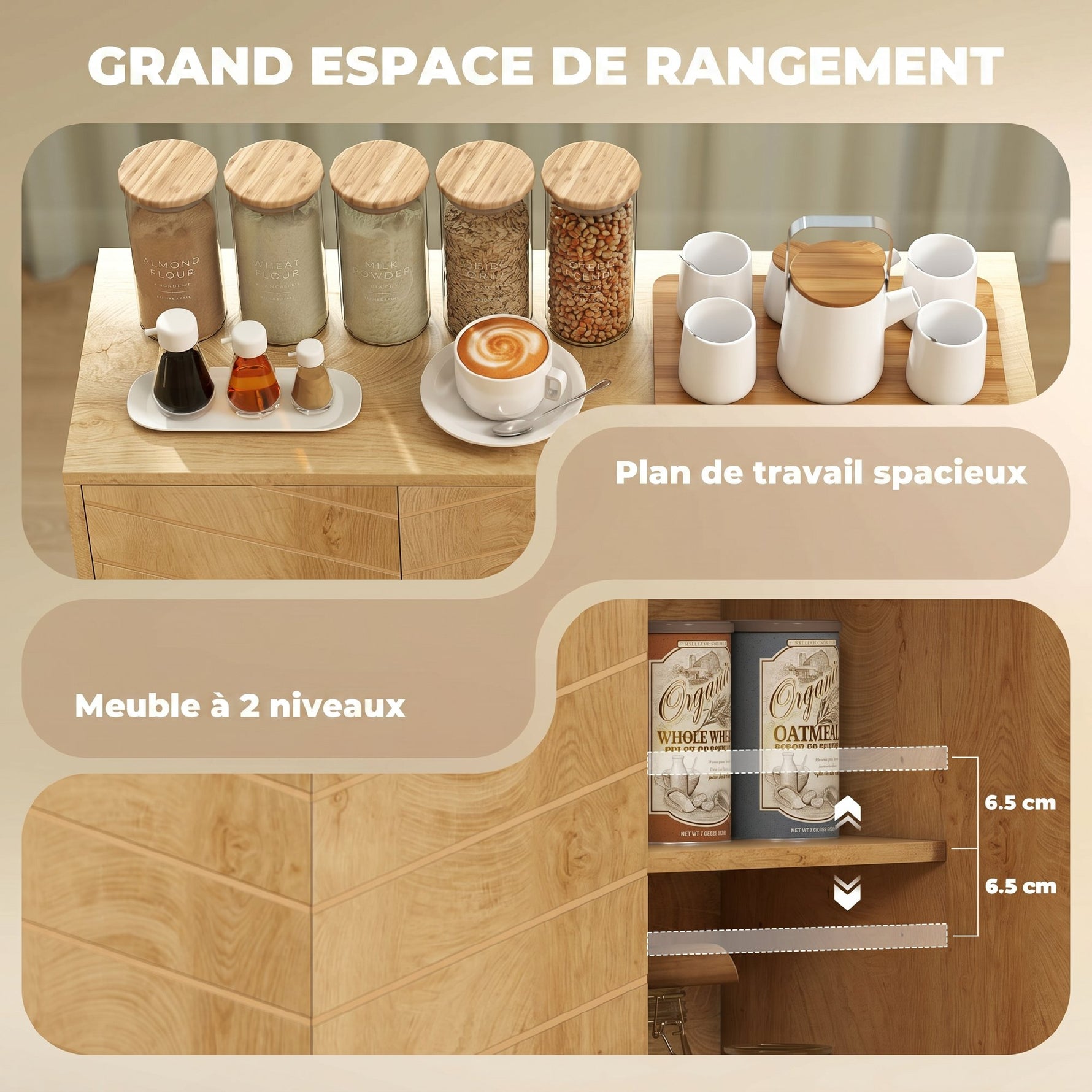 Buffet Cuisine, Meuble de Rangement avec 3 Portes à Motif Chevron et Pieds en Bois de Pin, 88,3x30x76cm, Bois Naturel-3
