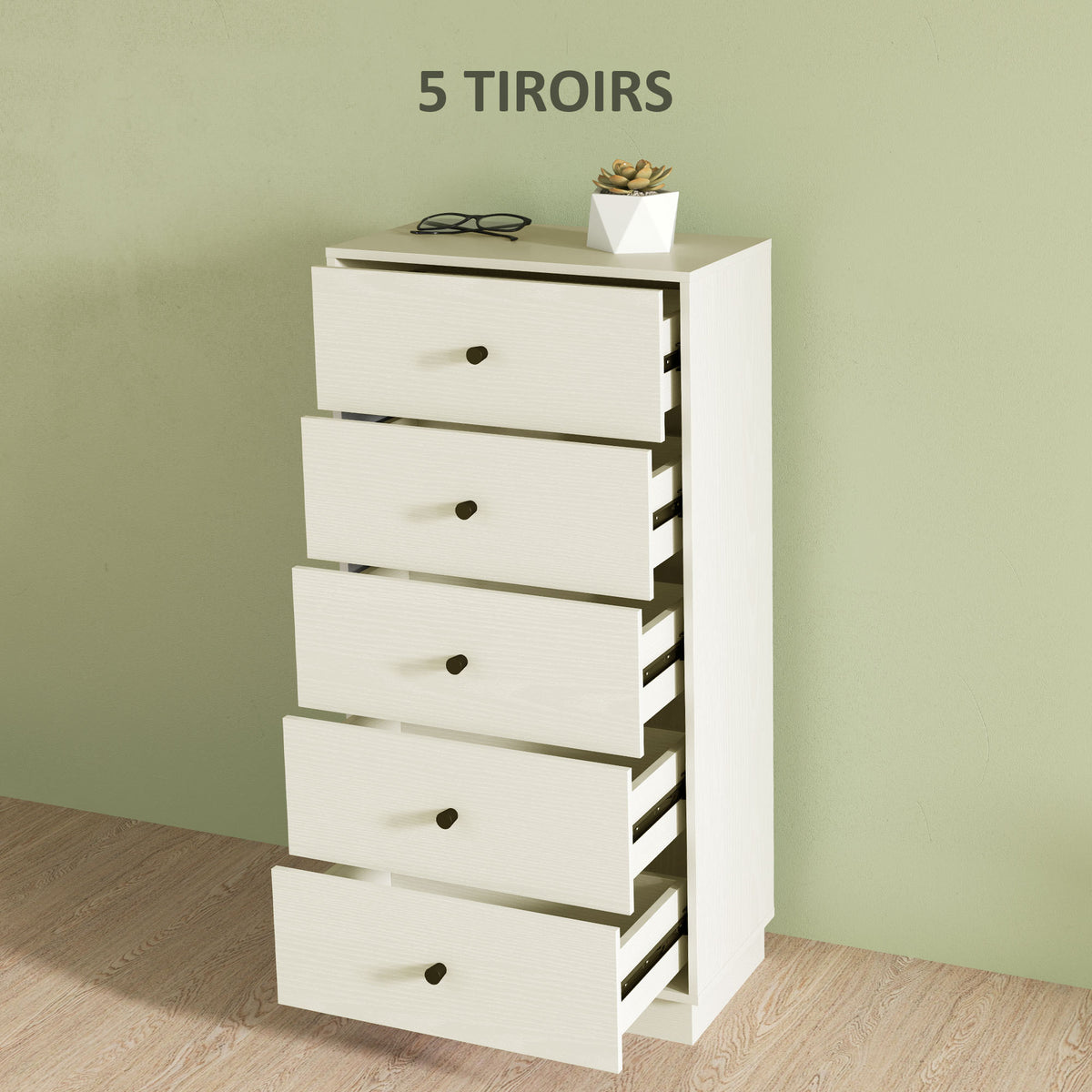 Commode 5 tiroirs, meuble de rangement haut et étroit, style moderne pour chambre à coucher, salon - 47x29x95cm, crème
